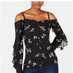 Bar III Black Floral Cold Shoulder Top